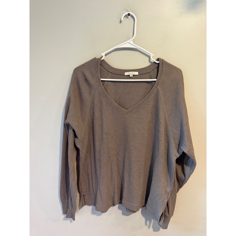 Z Supply Womens Waffle Knit V-Neck Thermal Top Taupe Brown Long Sleeve Size M